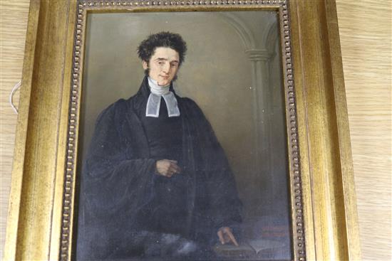 19th Century English School, oil on board, Portrait of a priest, 24 x 19cm.